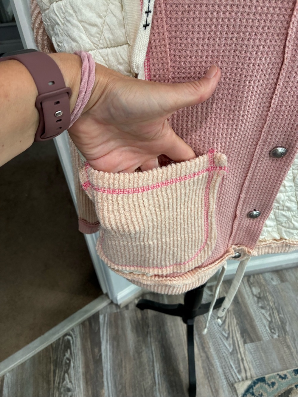 POL Pink and Cream Quilted Mixed-Knit Hooded Cardigan - Picture 3 of 9